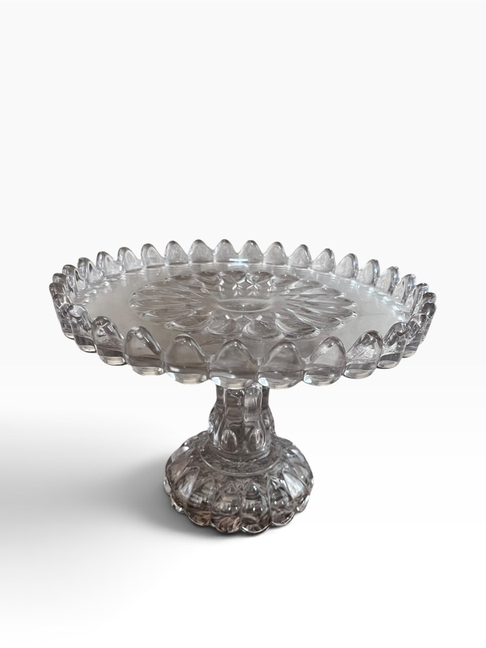 Antique 1889 EAPG Glass Pedestal Cake Stand Job's Tears Pattern 7.5”H 10”D VGC